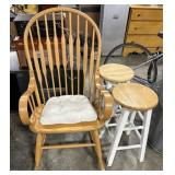 Modern Wooden Rocker & (2) Stools.