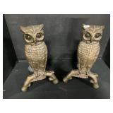 1930s Cast Owl Andirons W/ Glass Eyes.