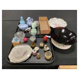 Adv Cheese Box, Avon Bottles, Decorative Bowls.