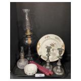 Oil Lamps, Decorative Czech Plate, Candlesticks.