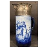 Blue Decorated Drunk Monk Tankard Pitcher.