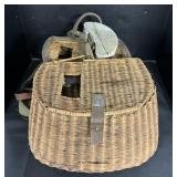 Vintage Leather & Whicker Trout Baskets, Bait Box.