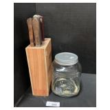 Handmade Wooden Butcher Block, Knives, Glass
