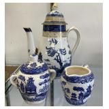 Gold Accented Blue Willow Teapot, Creamer, Sugar.