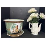 Hand Painted Equestrian Planter, Milk Glass