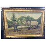 Antique Artist Signed Farmer Oil On Canvas.