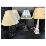 Porcelain, Slag Glass & Scroll Lamps.