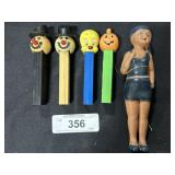 4 Vintage No Feet PEZ Dispensers, Celluloid Doll.