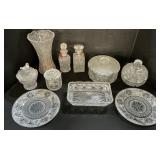 EAPG Glass Decanters, Vase, Sugar Jars, Plates.