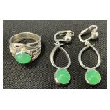 Sterling Silver & Chrysoprase Ring & Earring Set.