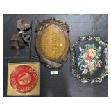 Cast Iron Rooster Bell, Floral Toleware Tray.