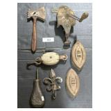 Cast Iron Sad Irons, Crank Grinder, Powder Flask.