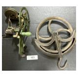 Cast Iron Barn Pulley & Vintage Apple Peeler.