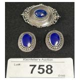 Sterling Silver Lapis Earrings & Brooch.