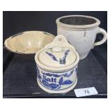 Blue Decorated Ceramic Salt Jar, Large Jug, Bowl.