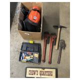 Chainsaw Helmet, Wrenches, Bungees.