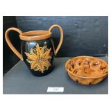 Vintage Glazed Redware Turks Head Pan & Urn.