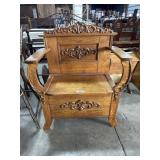 Antique Carved Oak Hall Bench.