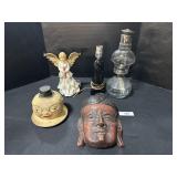 Hurricane Lamp, Wood Carved Mask, Cookie Jar Lid.