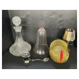 Decanter, Stone Lamp, Glass Dome, Turkey Dish.