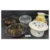 Pyrex Lidded Dishes, Le Creuset Pie Pan, Pottery.