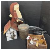 Rustic Wooden Bird House, Santa, Ducks, & Box.