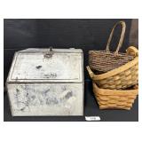 Vintage Metal Bread Box, Longaberger Basket.