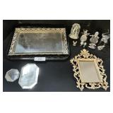 Mirror Tray, Cast Iron Frame, Glass Figurines.