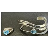 Sterling Silver & Topaz Ring & Cuff Bracelet Set.