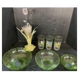 Floral Vase, Bird Glasses, Green Depression Bowls.