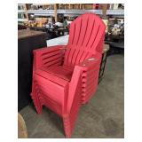 (8) Red Plastic Patio Arm Chairs.
