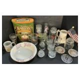 Baileys Tin, Glasses, Mugs, Candle Holders, Bowl.