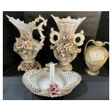 Capodimonte Vase, Pitcher & Basket, Nippon Vase.