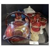 Carnival Glass Bowls & Coin Dot Cranberry Glasses.