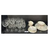 Floral Dinnerware Pieces, Clear Glass Goblets.