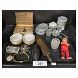 Wooden & Tin Tea Sets, Celluloid Doll, Mini Iron.