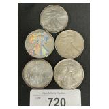 5 1 OZT Silver American Eagle Coins.