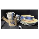 Pfaltzgraff Platters, Watering Can, Mugs.