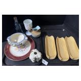 Corn Plates, Milk Glass Cup, Vase & Pitcher.