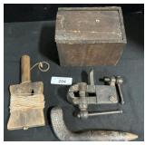 Vintage Blacksmith Vice, Planting Dibble, Box.