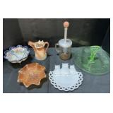 Uranium Glass Tray, Milk & Carnival Glass Dishes.