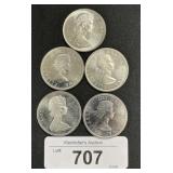 5 .800 Fine Silver Canadian Elizabeth II Dollars.
