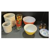 Stoneware Crocks, Pyrex Bowls, S&P Shakers,