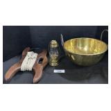Brass Bowl, Skaters Lantern, Wooden Cord Reel.