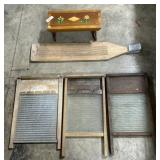3 Washboards & Vintage Stool.