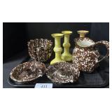 Spongeware Pitcher, Candlestick Holders.