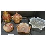 Carnival Glass, Ruffles & Rings Bowl, Candy Jar.