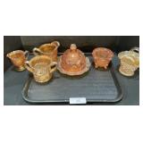 Carnival Glass Pitchers, Basket, Covered Dish.
