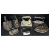 4 Vintage Cast Iron Irons & Hand Flutter.