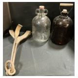 Wine Jugs & Cast Iron Tongs.